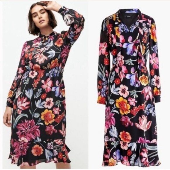 J.crew Tie-Neck Midi Dress Long Sleeve Midnight Dutch Floral Fit & Flare Size 2P - Picture 1 of 9